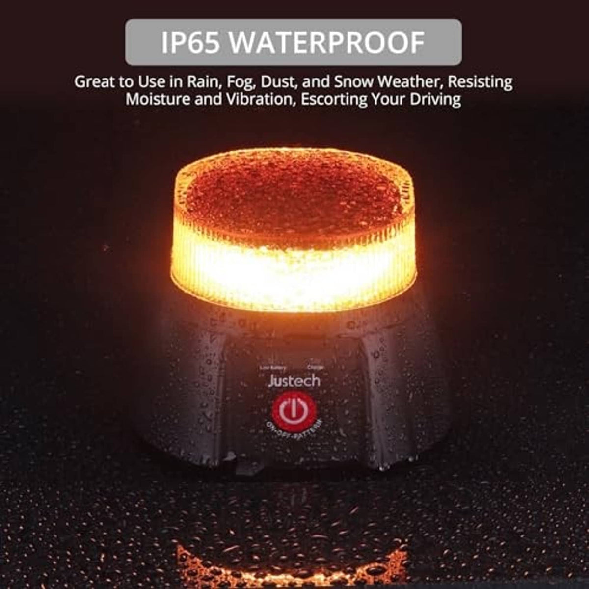 Illuminated amber waterproof warning beacon light with black base, rain-splash detail