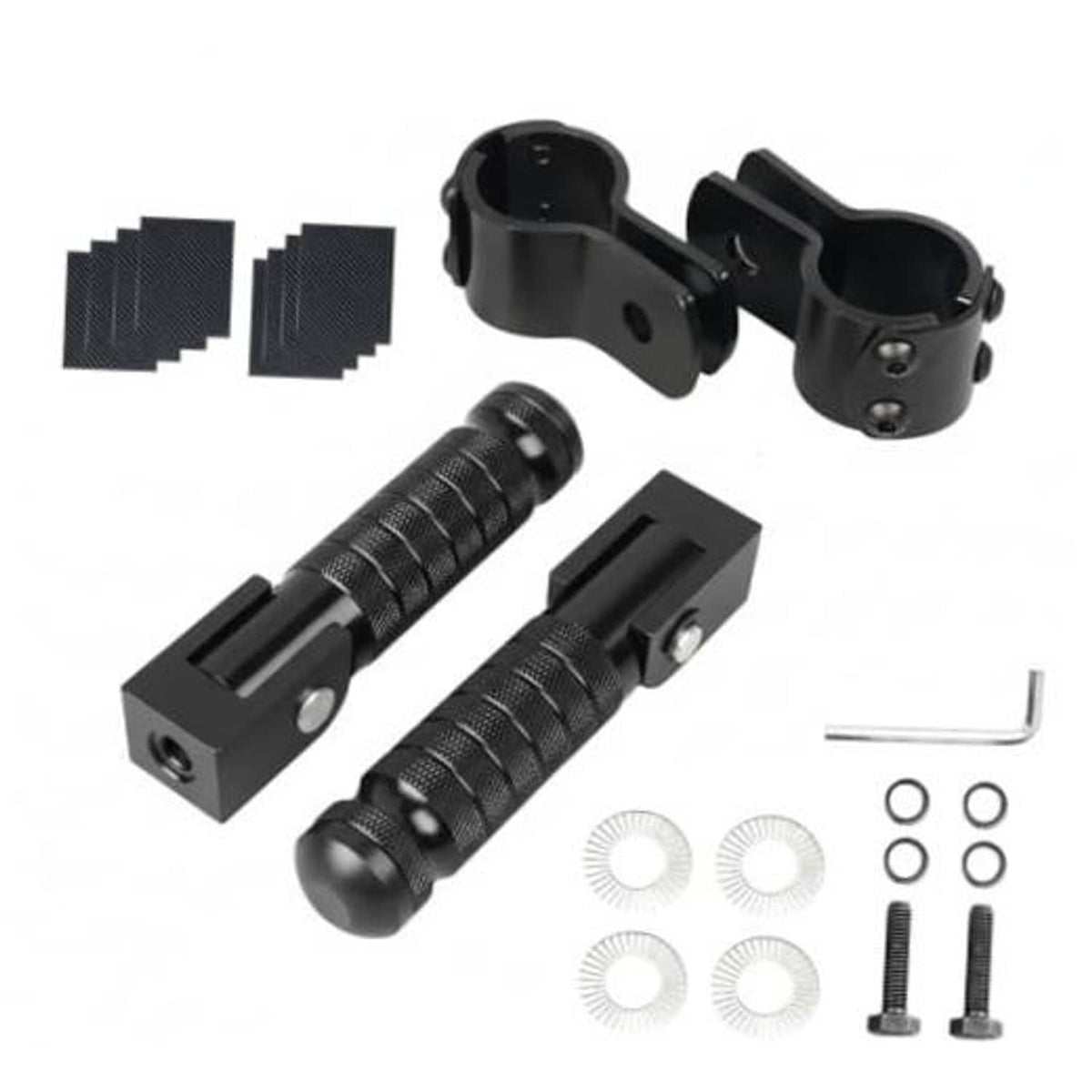 Black 90-degree foldable motorcycle foot pegs with rubber grips and anti-loosening washers