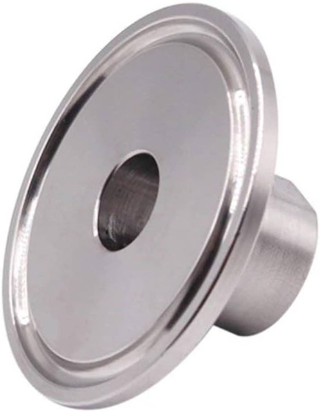 Stainless steel tri clover adapter flange with female NPT threaded outlet, side angle