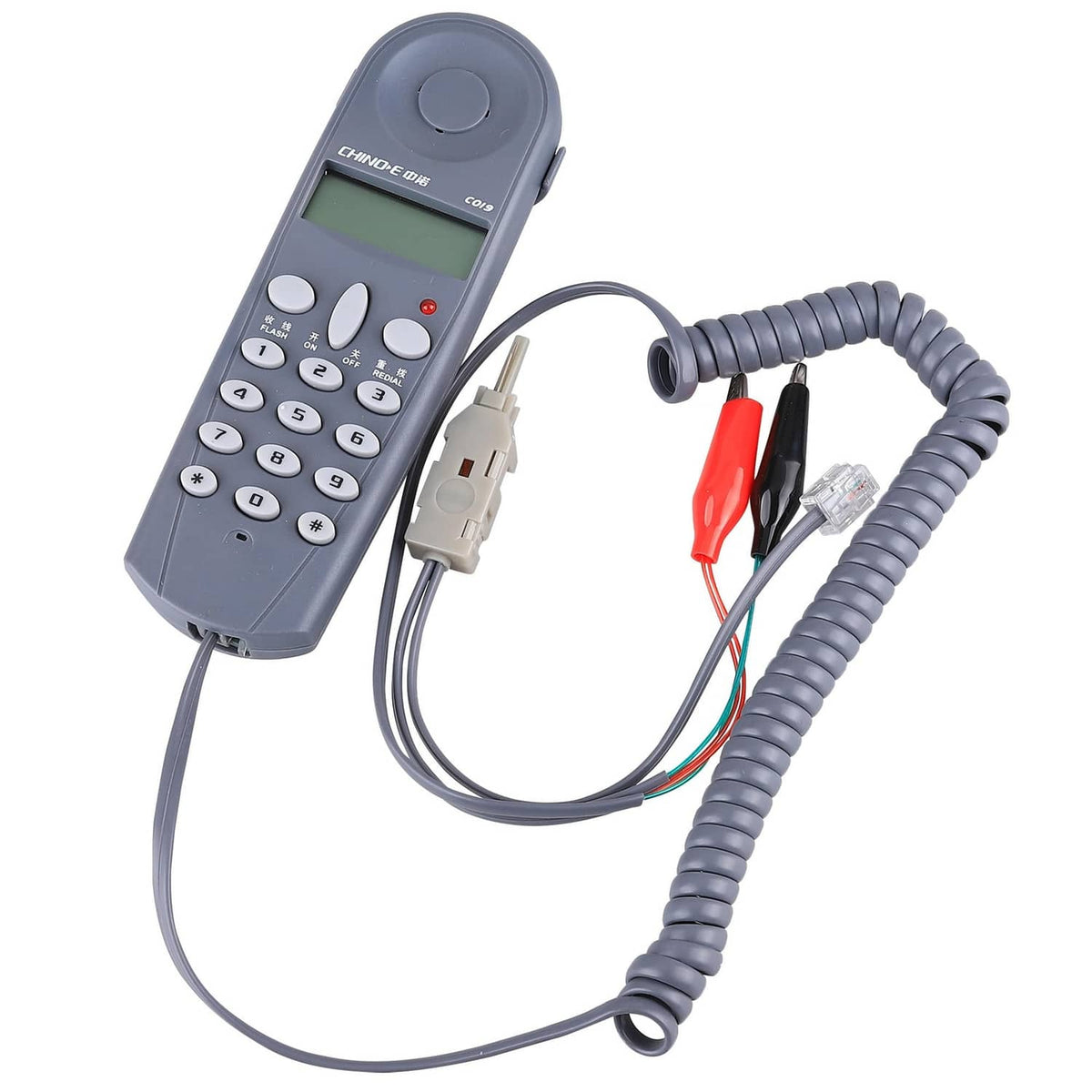 Corded phone line network cable tester with LCD screen and coiled test cable