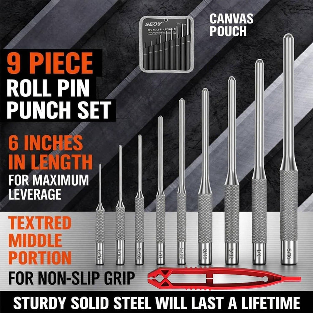 Steel roll pin punch set with textured grips and red pin remover handle