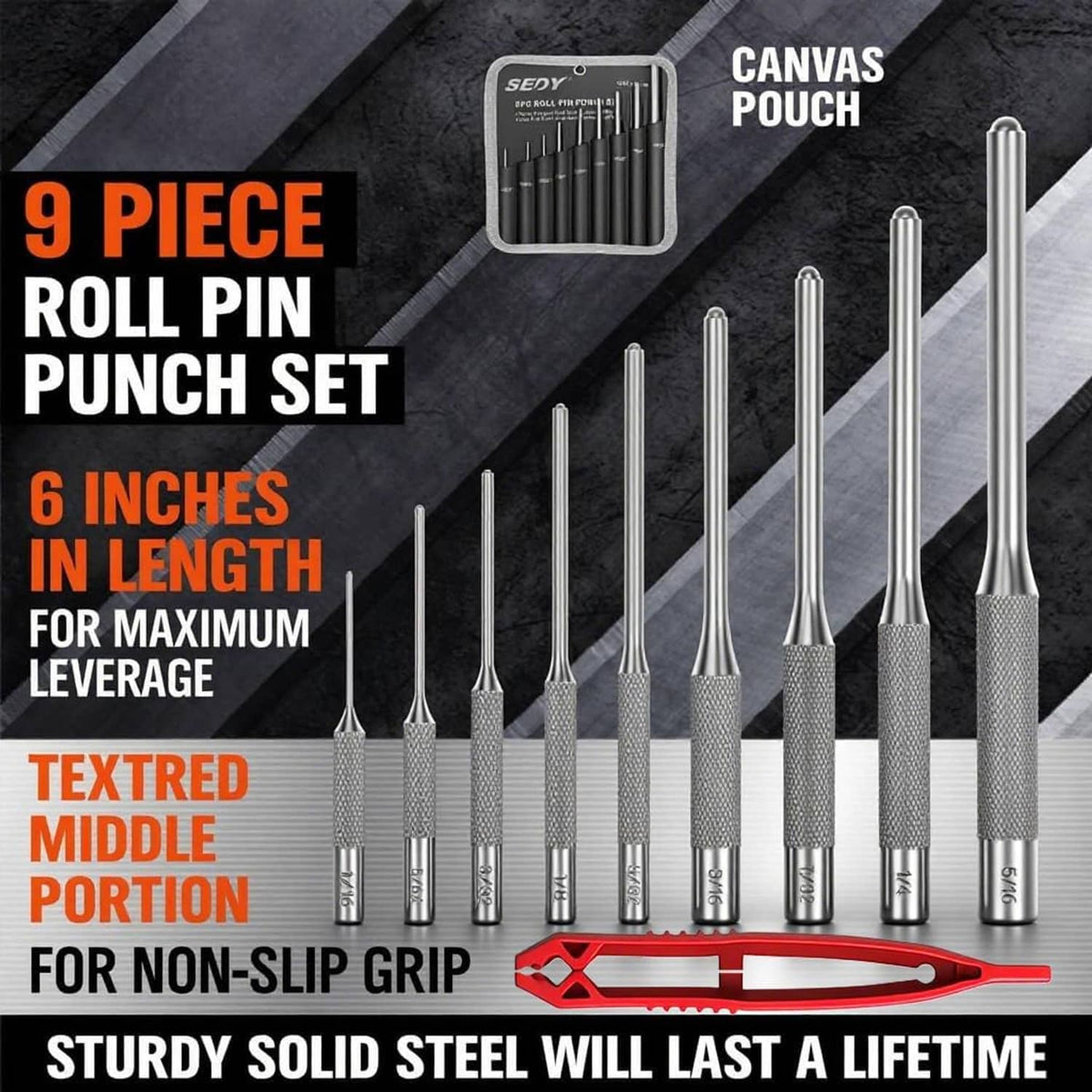 Steel roll pin punch set with textured grips and red pin remover handle
