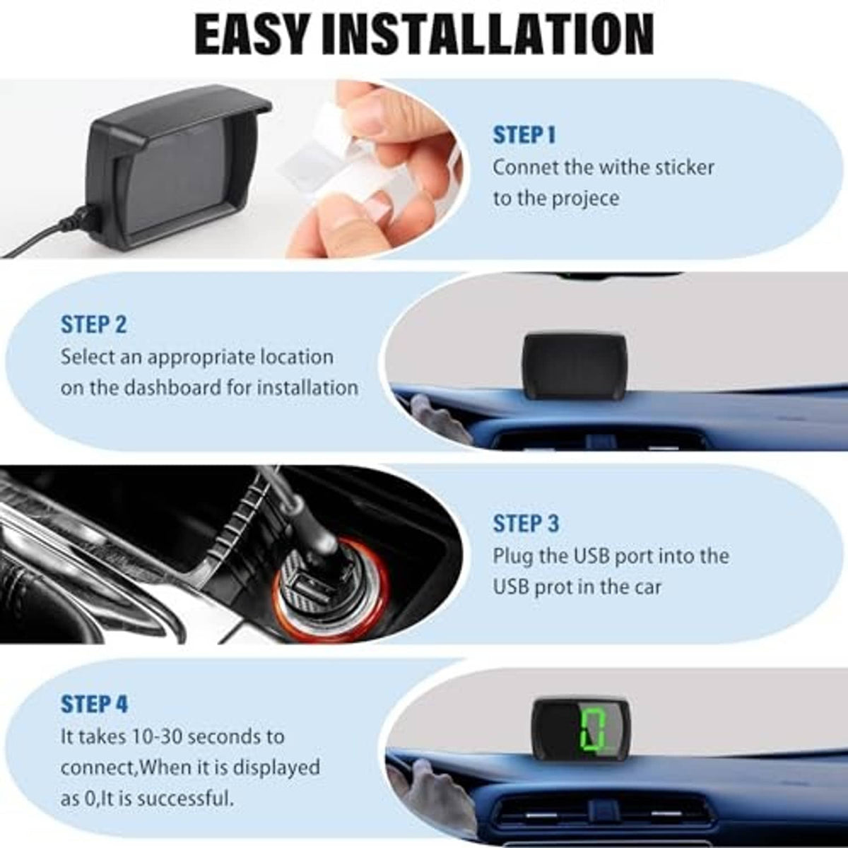Black HUD speedometer with green digits, easy installation shown with USB cable