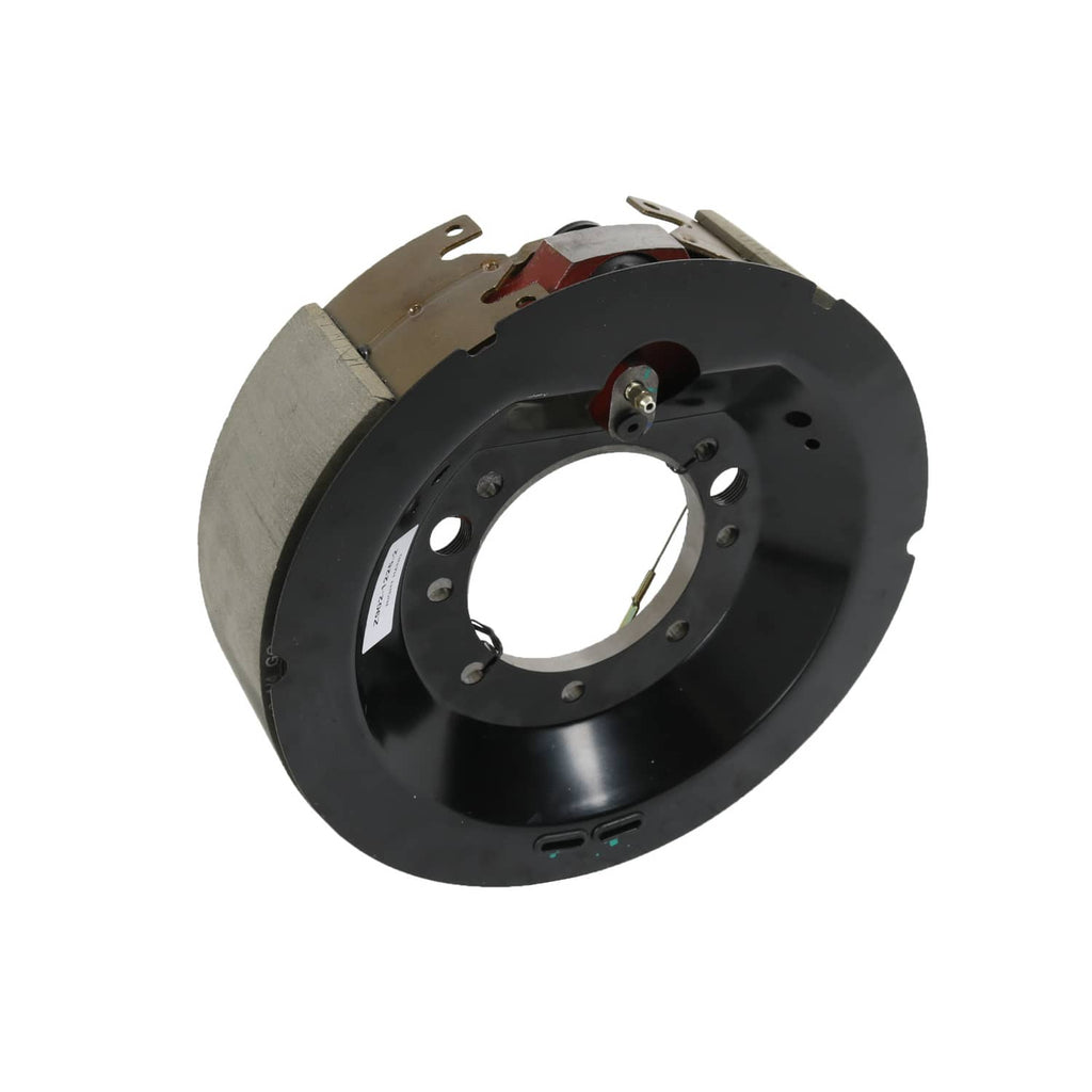 Black hydraulic brake drum with mounted shoes and brake hardware