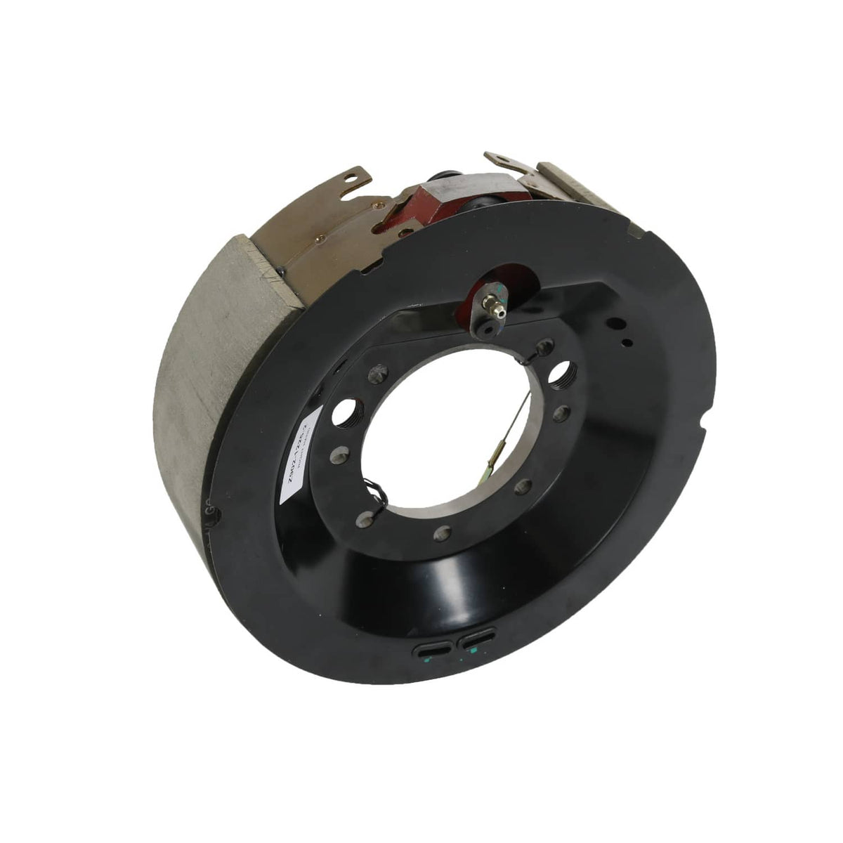 Black hydraulic brake drum with mounted shoes and brake hardware