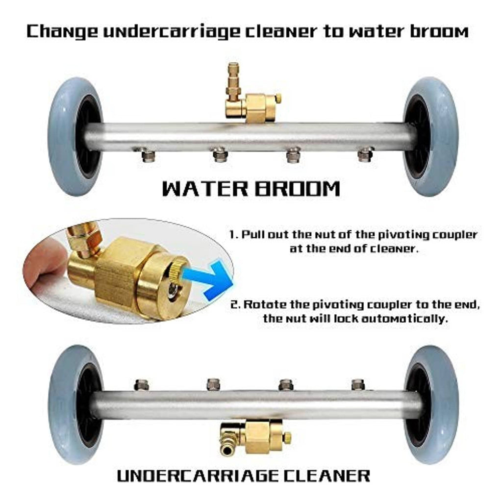 Undercarriage cleaner assembly with pivoting brass coupler and two blue wheel supports