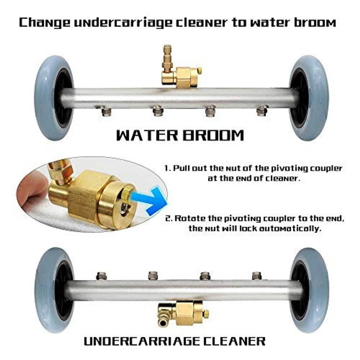 Undercarriage cleaner assembly with pivoting brass coupler and two blue wheel supports