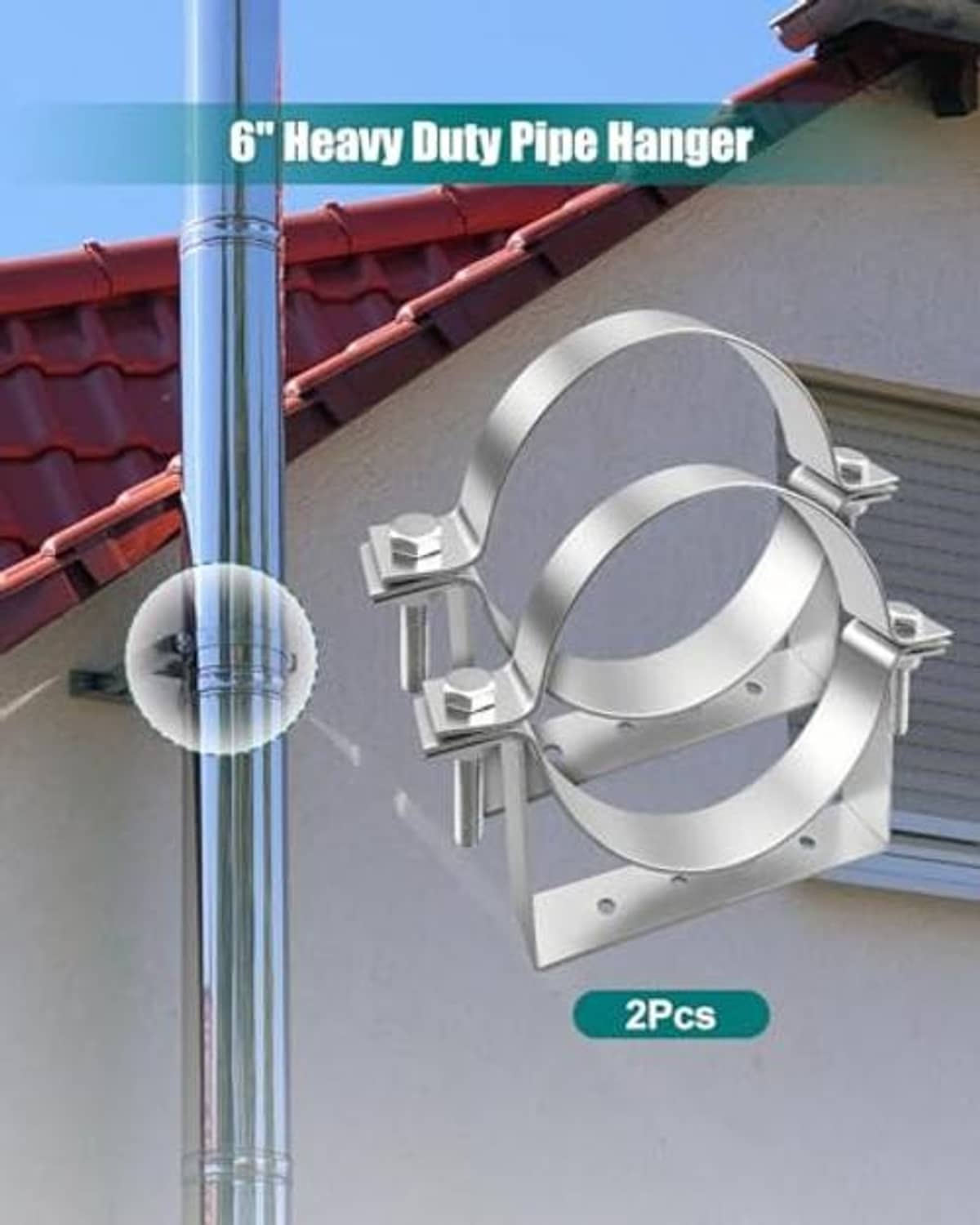 Metal split ring pipe hanger with U-bolts clamping a vent pipe and base plate