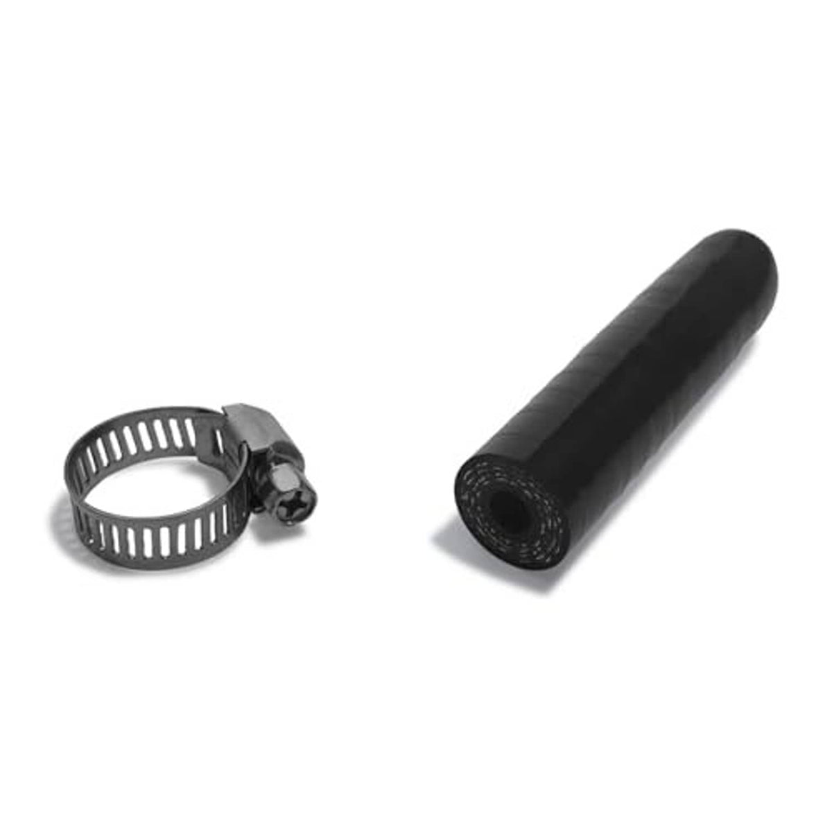 Black silicone hose cap and metal hose clamp, open end with circular port