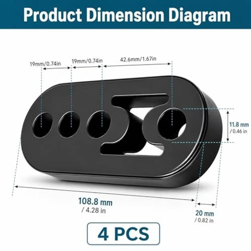 Black rubber exhaust hanger with 4-hole plate, shown with product dimension diagram