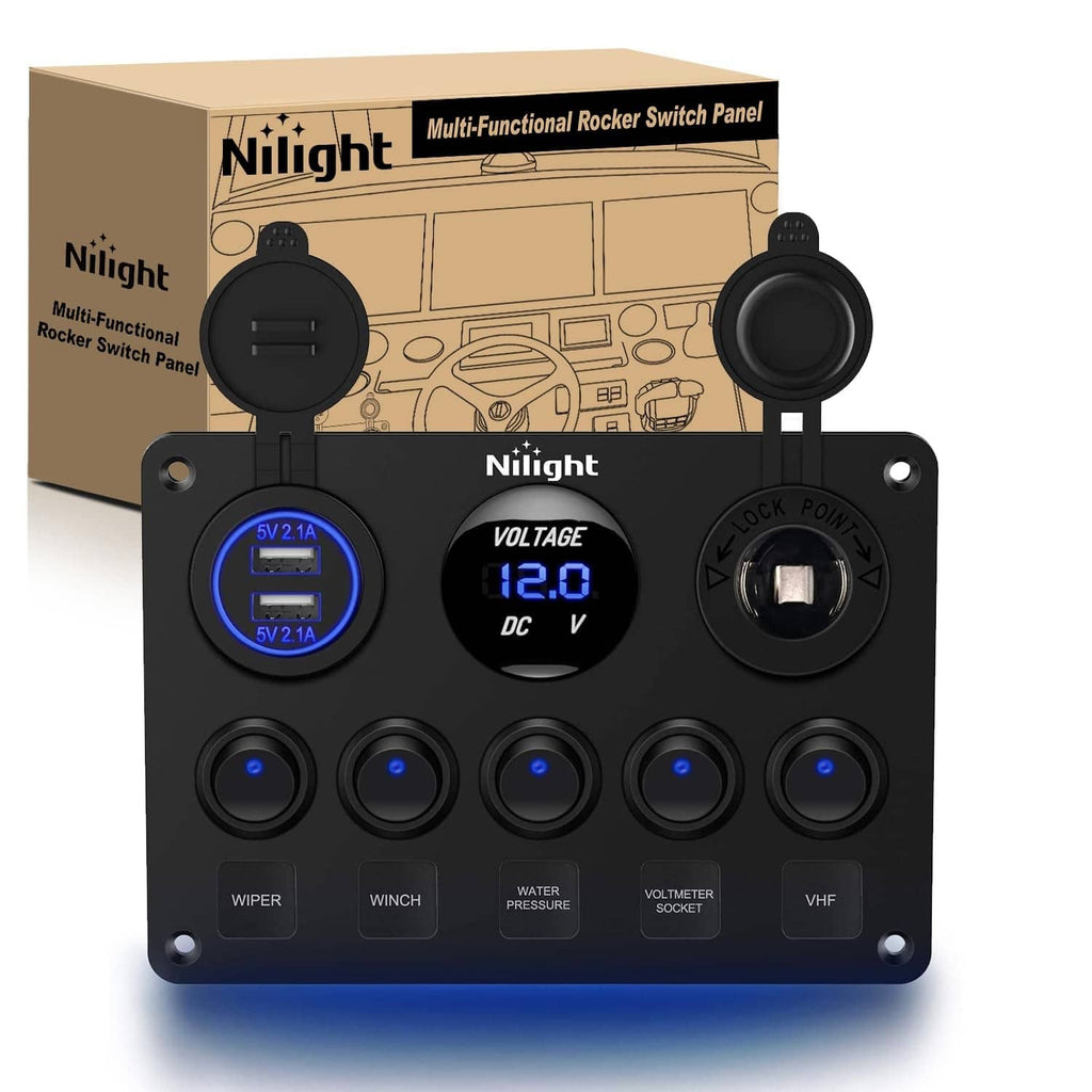 Black 5-gang rocker switch panel with dual USB chargers, voltage display, and sockets