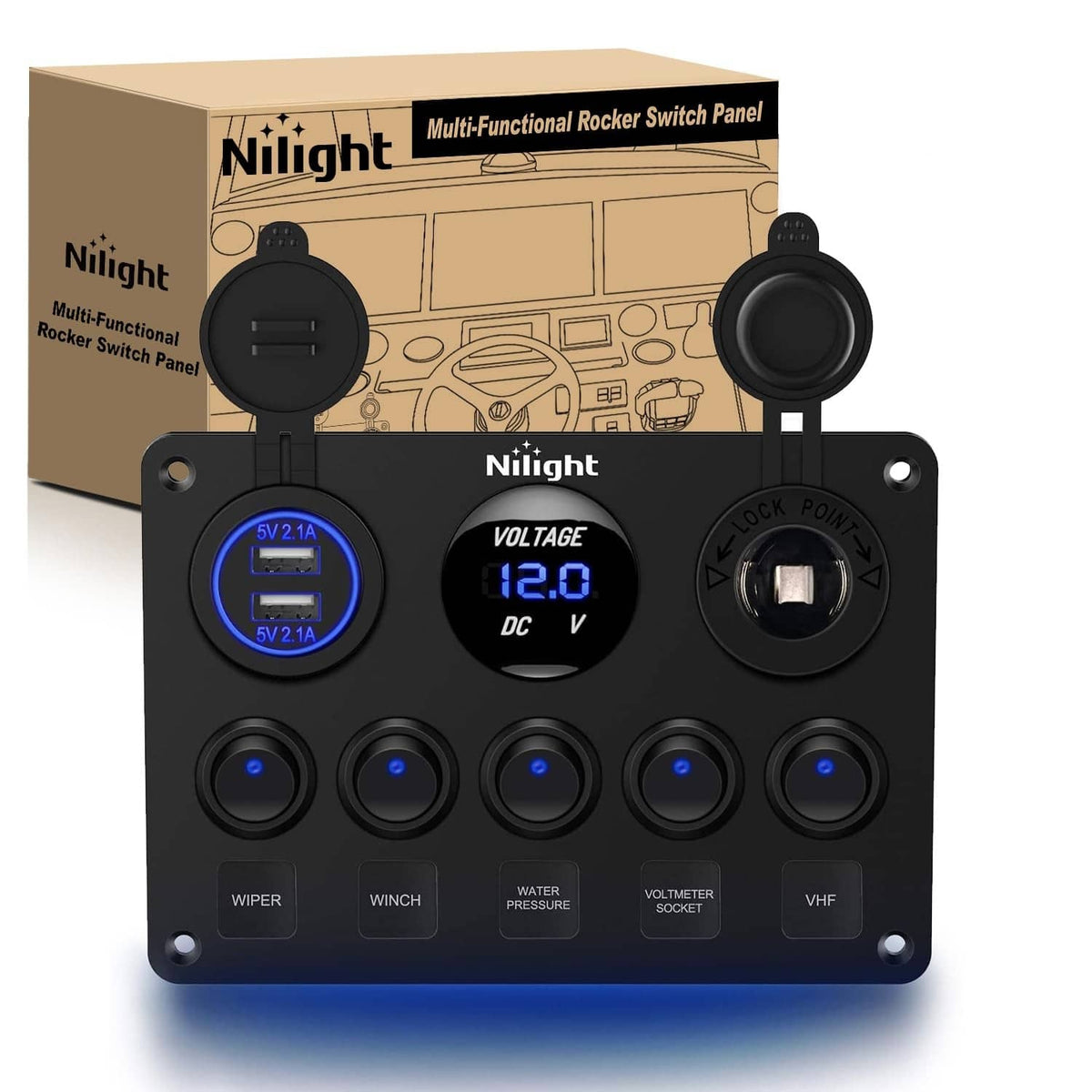 Black 5-gang rocker switch panel with dual USB chargers, voltage display, and sockets