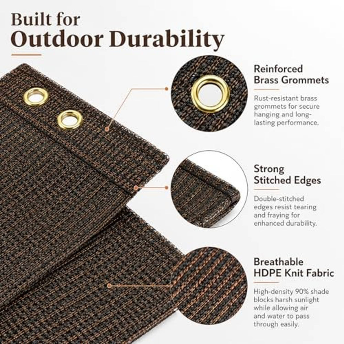 Mocha brown sun shade cloth with brass-look grommet rings and stitched edges