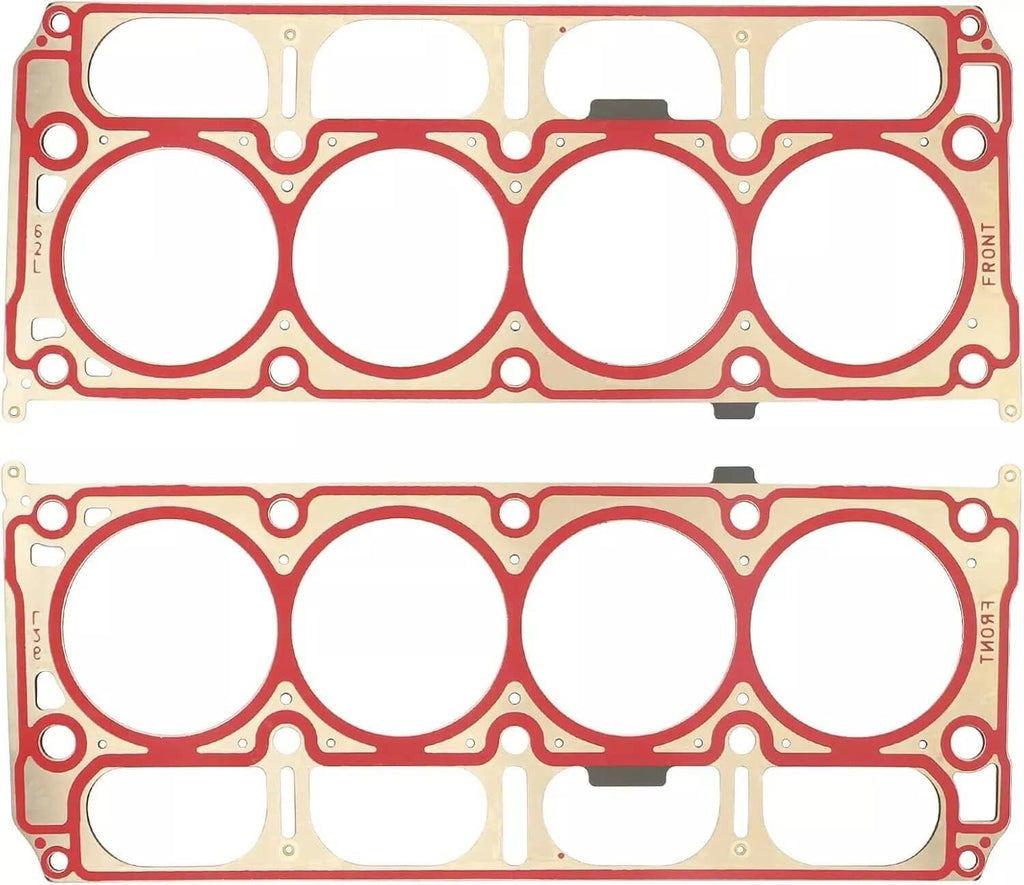 Red engine head gasket pair with large cylinder bores and multiple port cutouts.