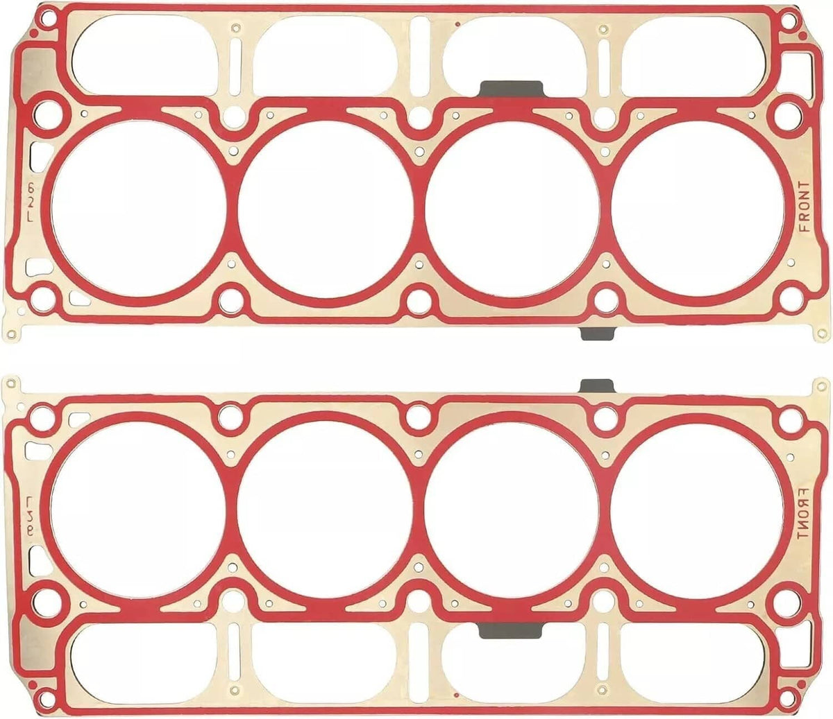 Red engine head gasket pair with large cylinder bores and multiple port cutouts.