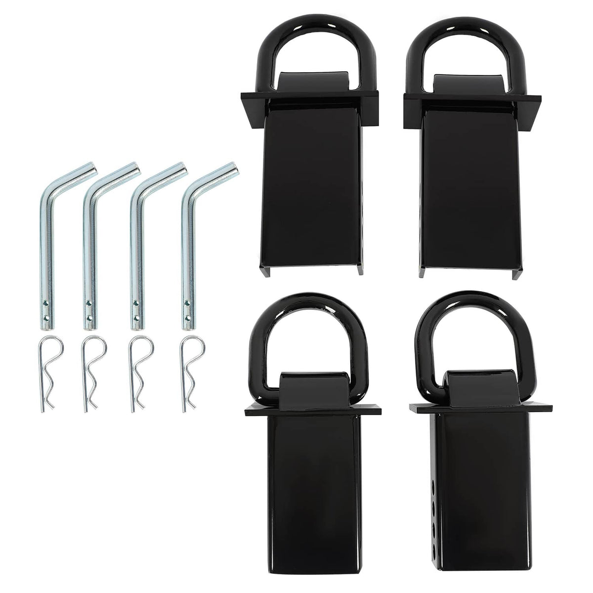 Four black stake pocket D-ring tie-downs with metal pins and snap hooks