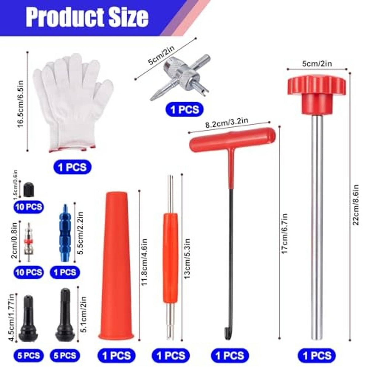 Tire valve tool kit size chart with red tools, silver rods, and white gloves