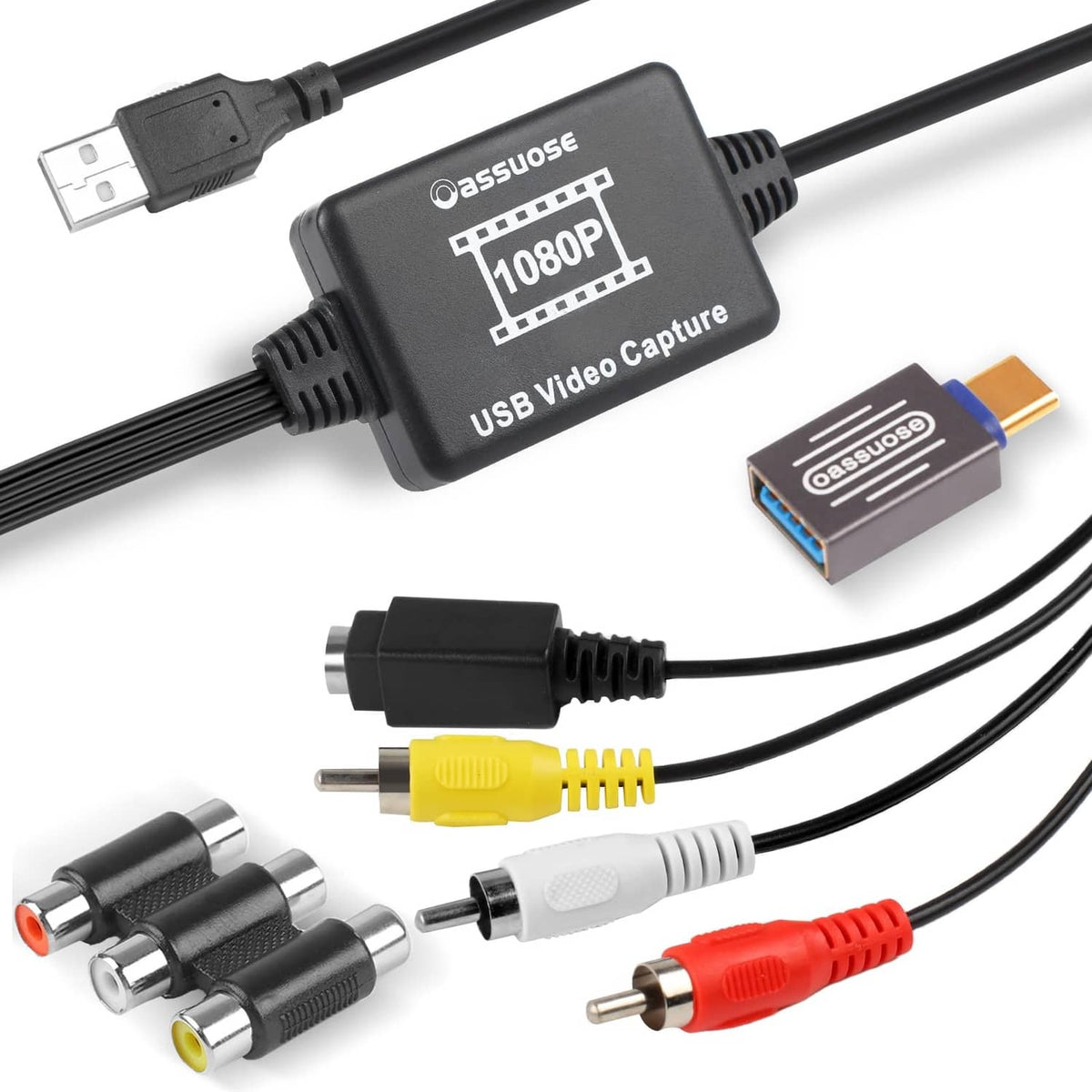 Black USB video capture converter box with multiple AV audio/video adapter cables