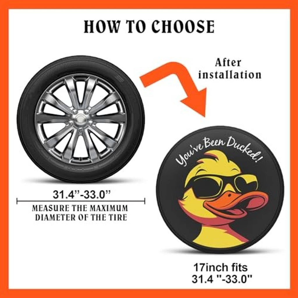 Black spare tire cover size chart graphic with duck face and tire measurements