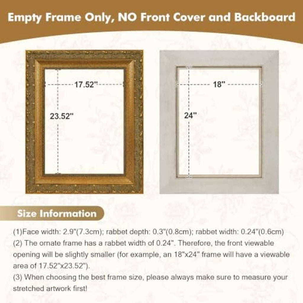 Empty gold ornate picture frame with interior size outlines, no artwork shown