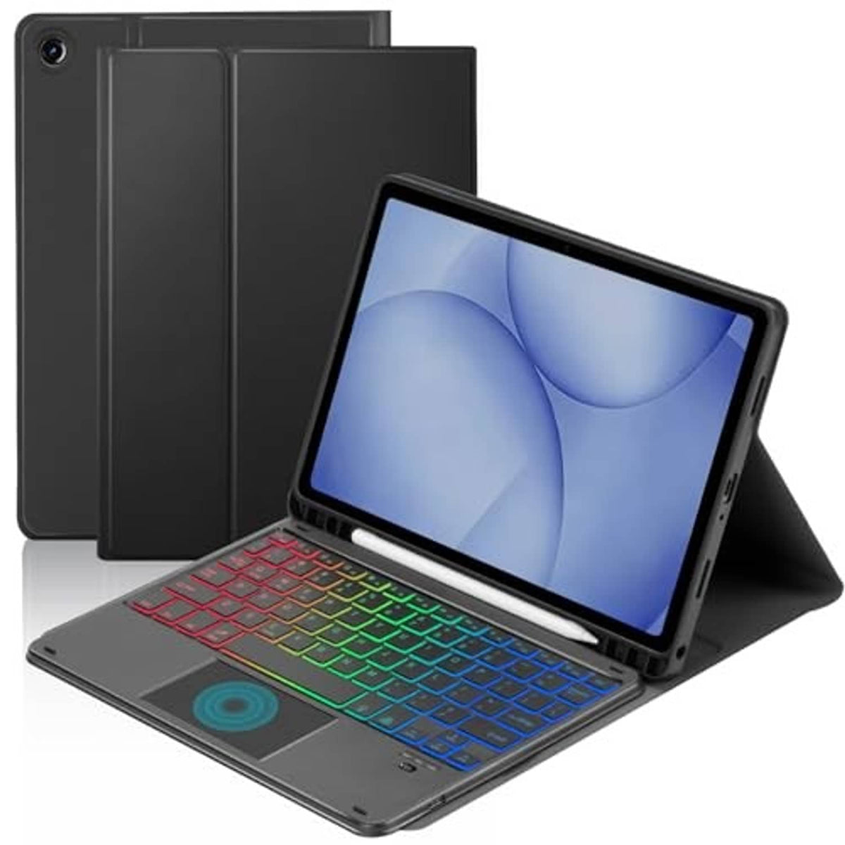 Black touchpad keyboard case with tablet docked, backlit keys and front cover