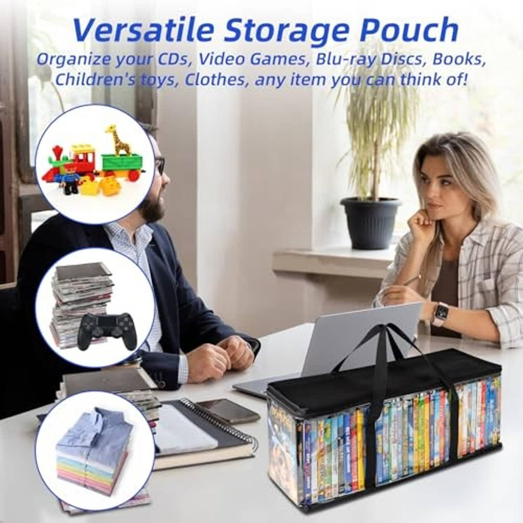 Clear PVC storage pouches with black handles for DVDs and small items