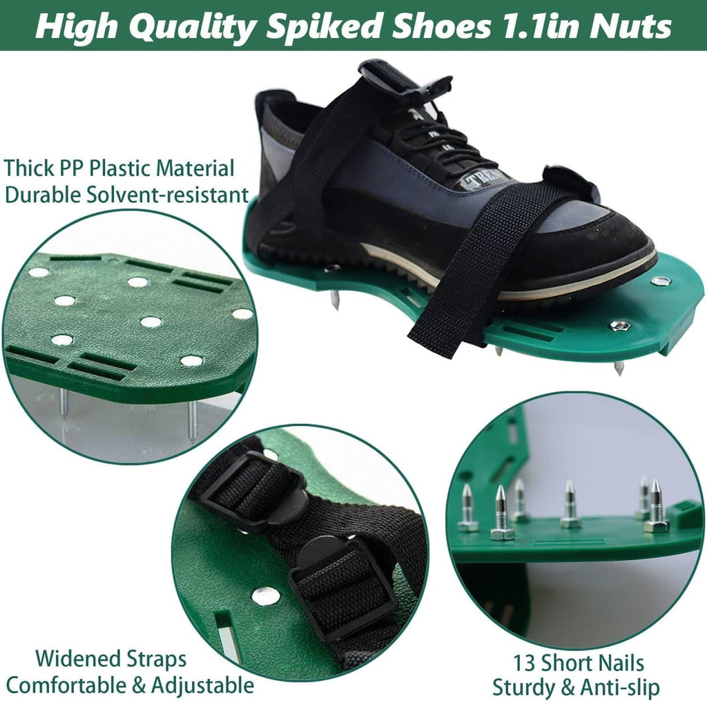 Spiked shoe with black upper, green sole plate, widened straps, metal nail studs