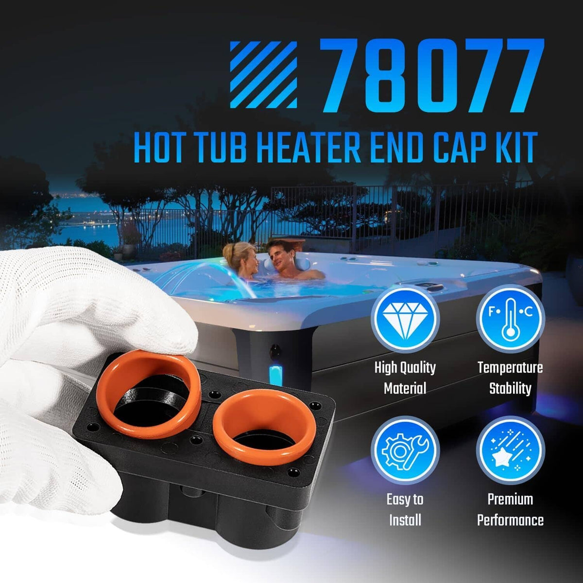 Hot tub heater end cap kit with black end cap and orange rubber gaskets on base