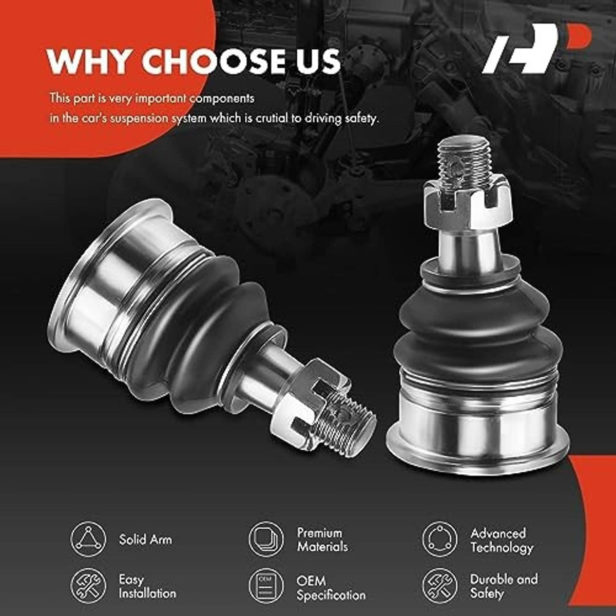 Front upper ball joint pair with black rubber boots and metal caps, angled view