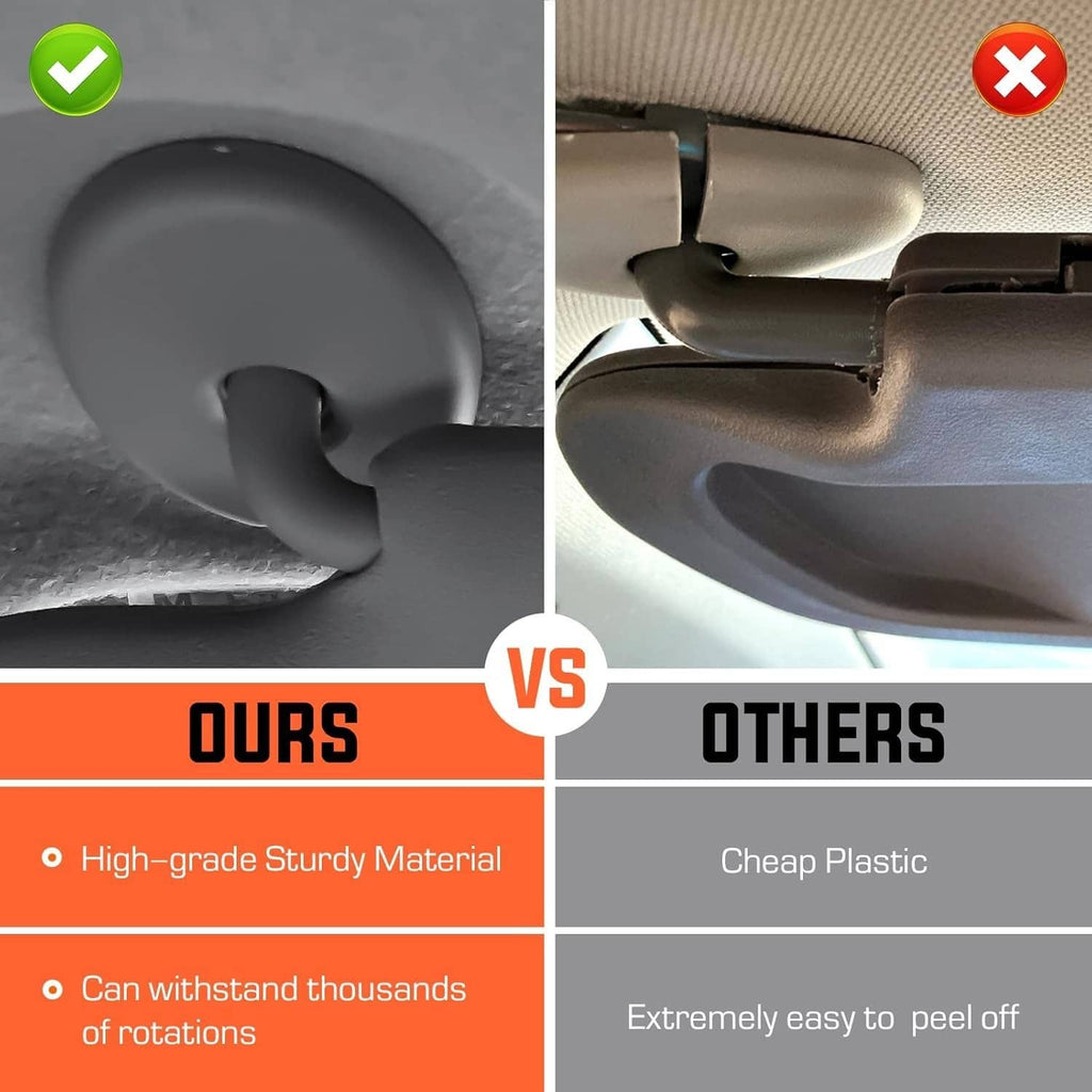 Gray sun visor hinge and edge detail showing sturdy vs rough plastic construction.