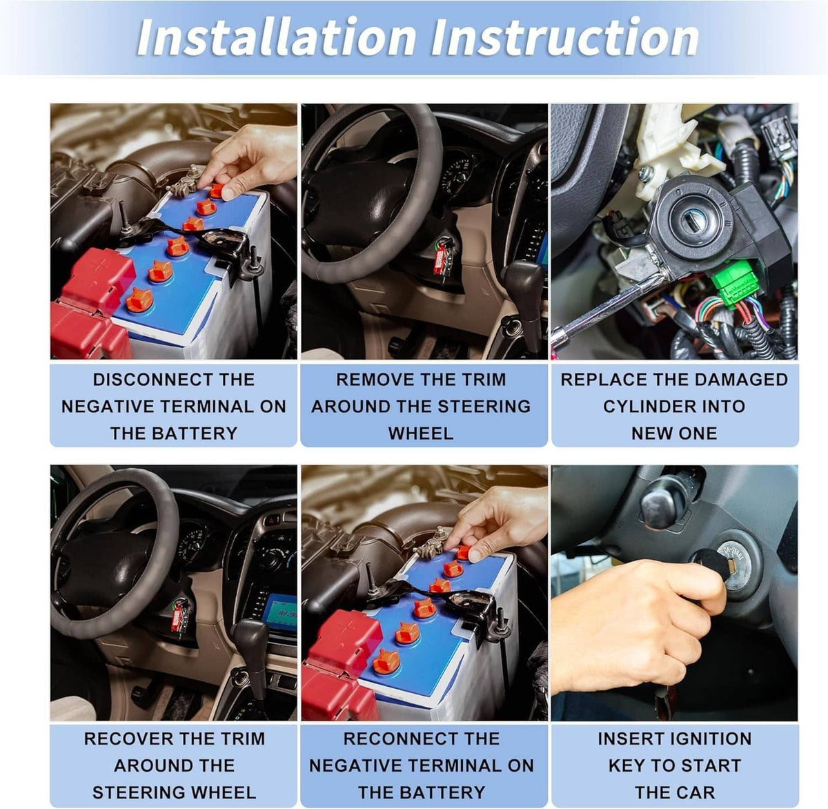 Ignition lock cylinder installation steps graphic for car steering column switch replacement