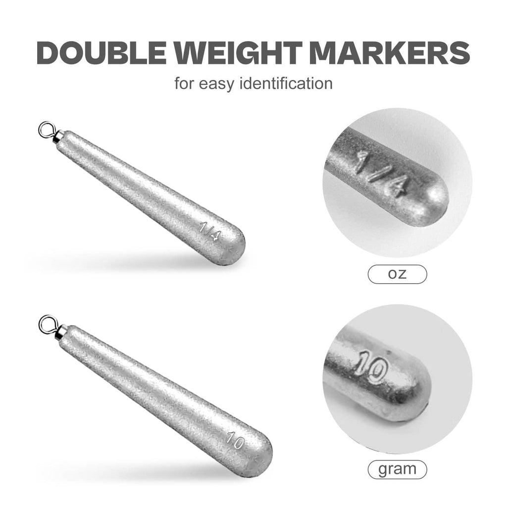 Fishing drop shot sinkers with stamped weight markings and measurement numbers