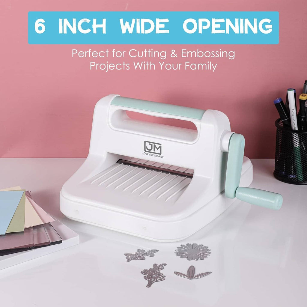 Manual die cutting and embossing machine with wide opening and leaf die set