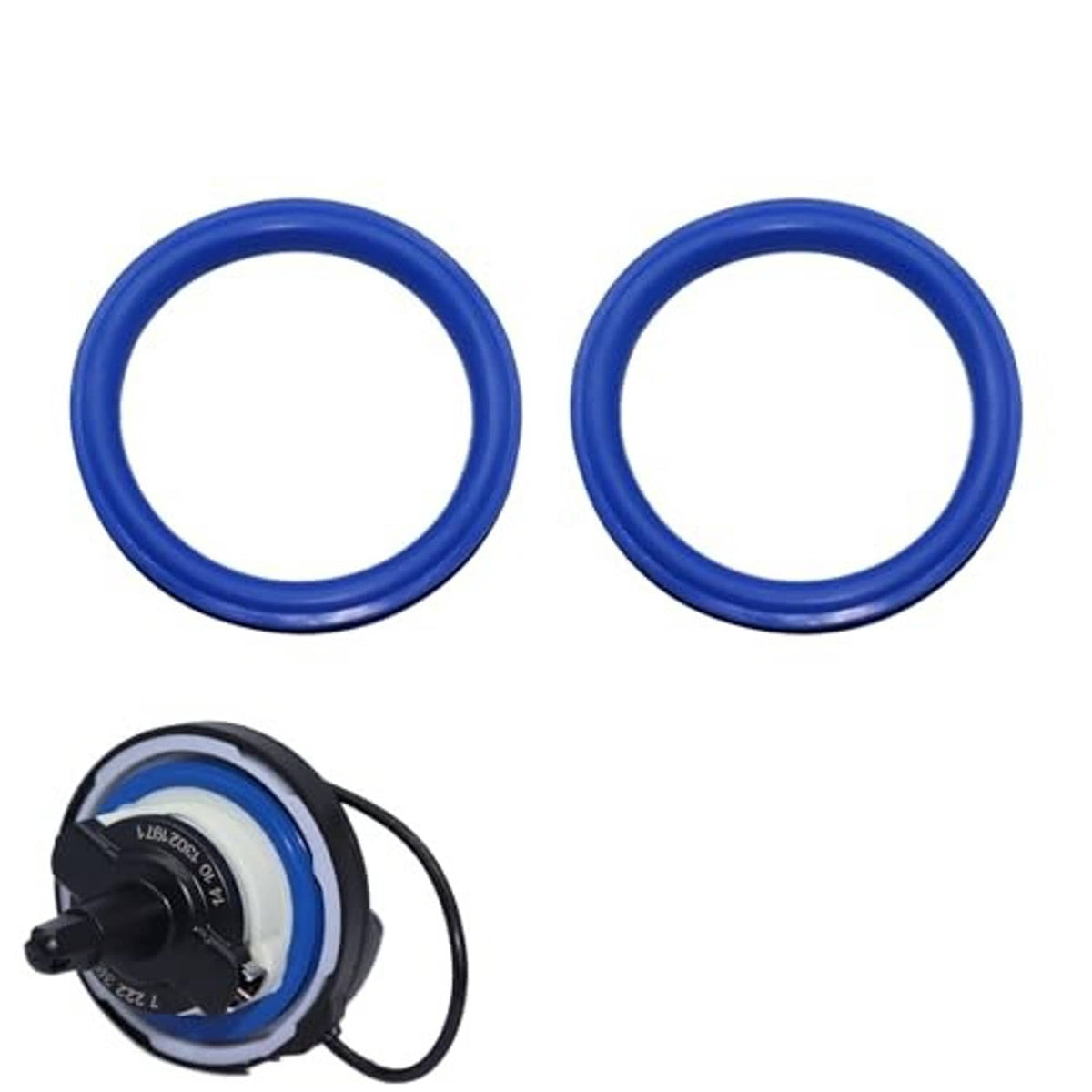 Two blue fuel filler cap O-ring gaskets with black cap piece
