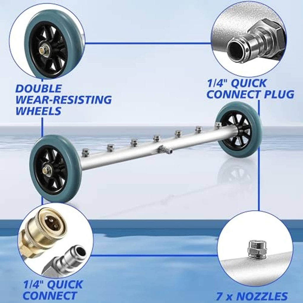 Undercarriage cleaner with double wear-resistant wheels and 1/4 quick-connect plug