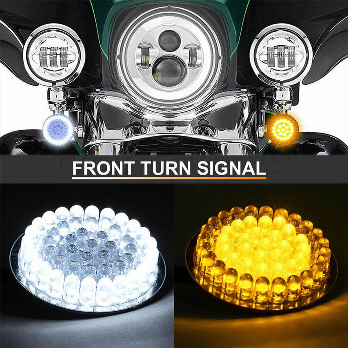 Front turn signal LED lights: round clear lenses with white and amber LED illumination