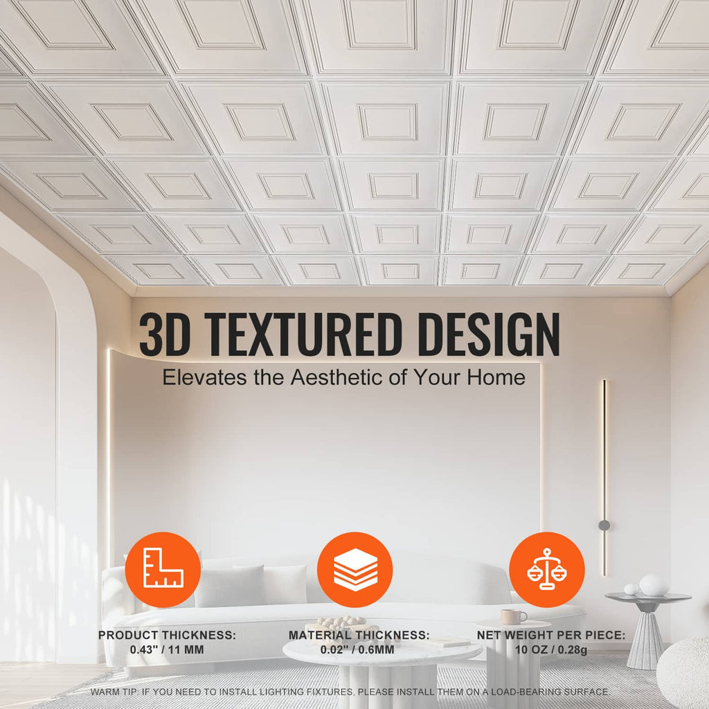 White textured ceiling tile with raised 3D square frame and recessed center