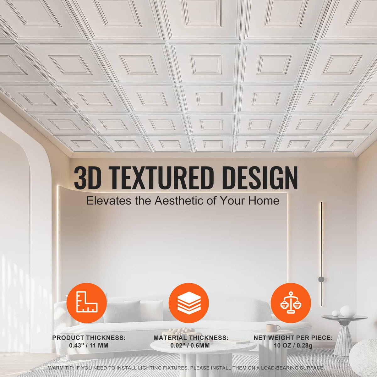 White textured ceiling tile with raised 3D square frame and recessed center