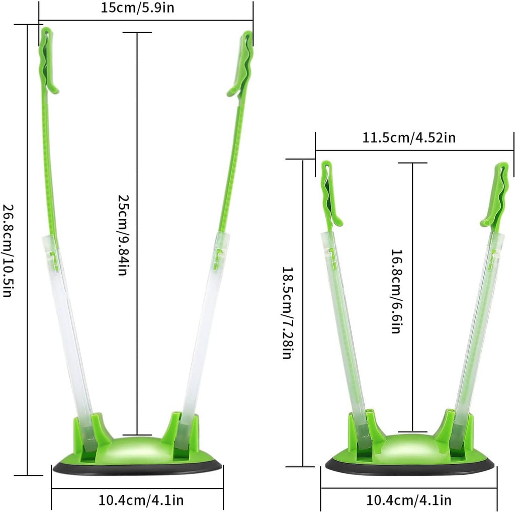 Adjustable bag holder rack size diagram with green base and clear arms