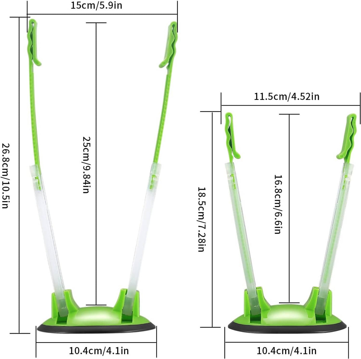 Adjustable bag holder rack size diagram with green base and clear arms