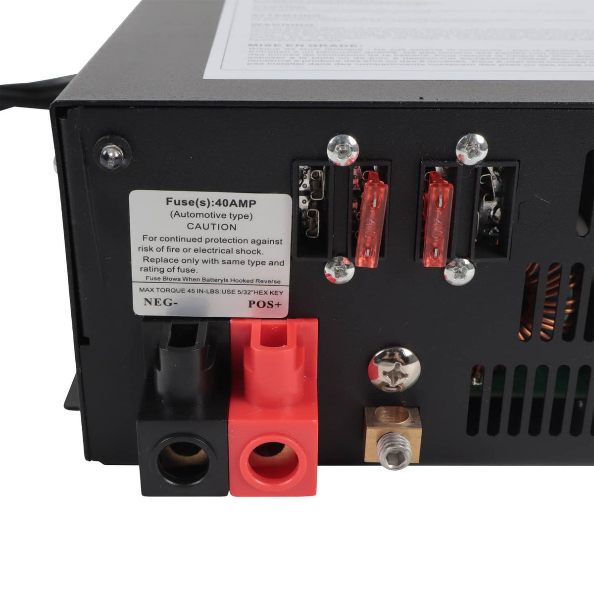 Power converter control panel with fuse holders, POS/NEG labels, and red terminals