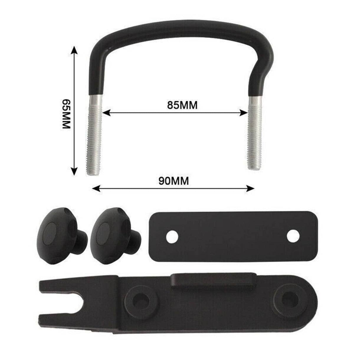 Black U-bolt clamp dimensions shown with mounting plate and round knobs