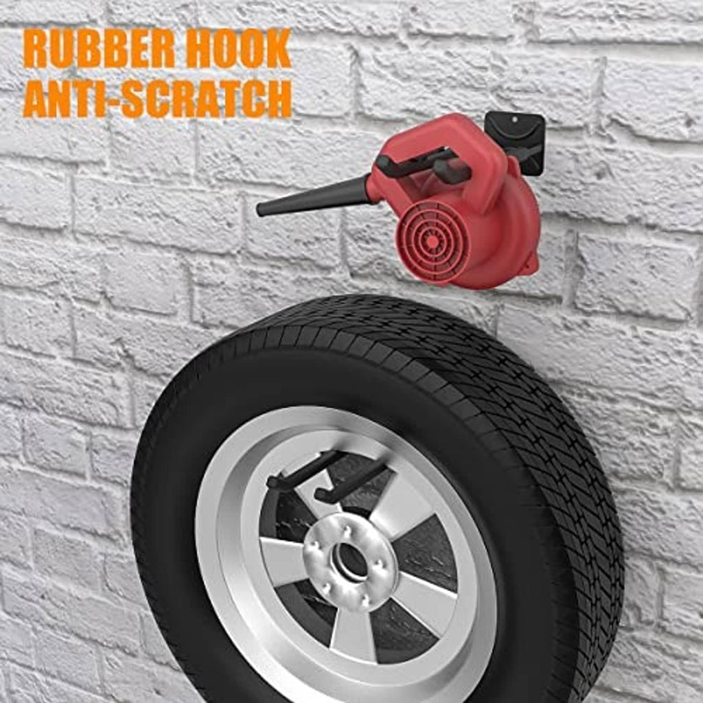 Rubber-coated tire hook with black wall rack mount for scratch-resistant storage