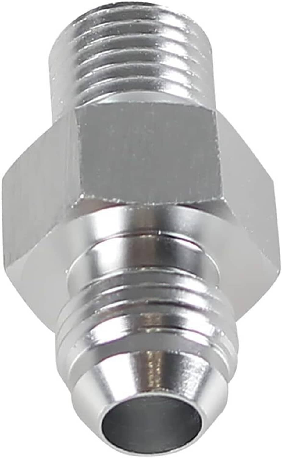 Front view of chrome metal adapter fitting with internal and external threaded ends.