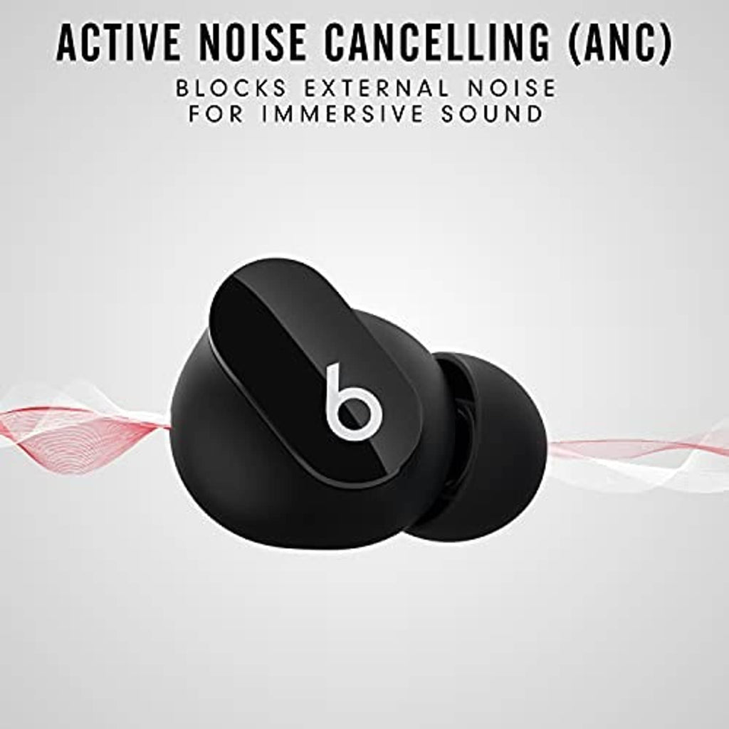 Black true wireless earbuds shown at an angle, one earbud extended from the charging case