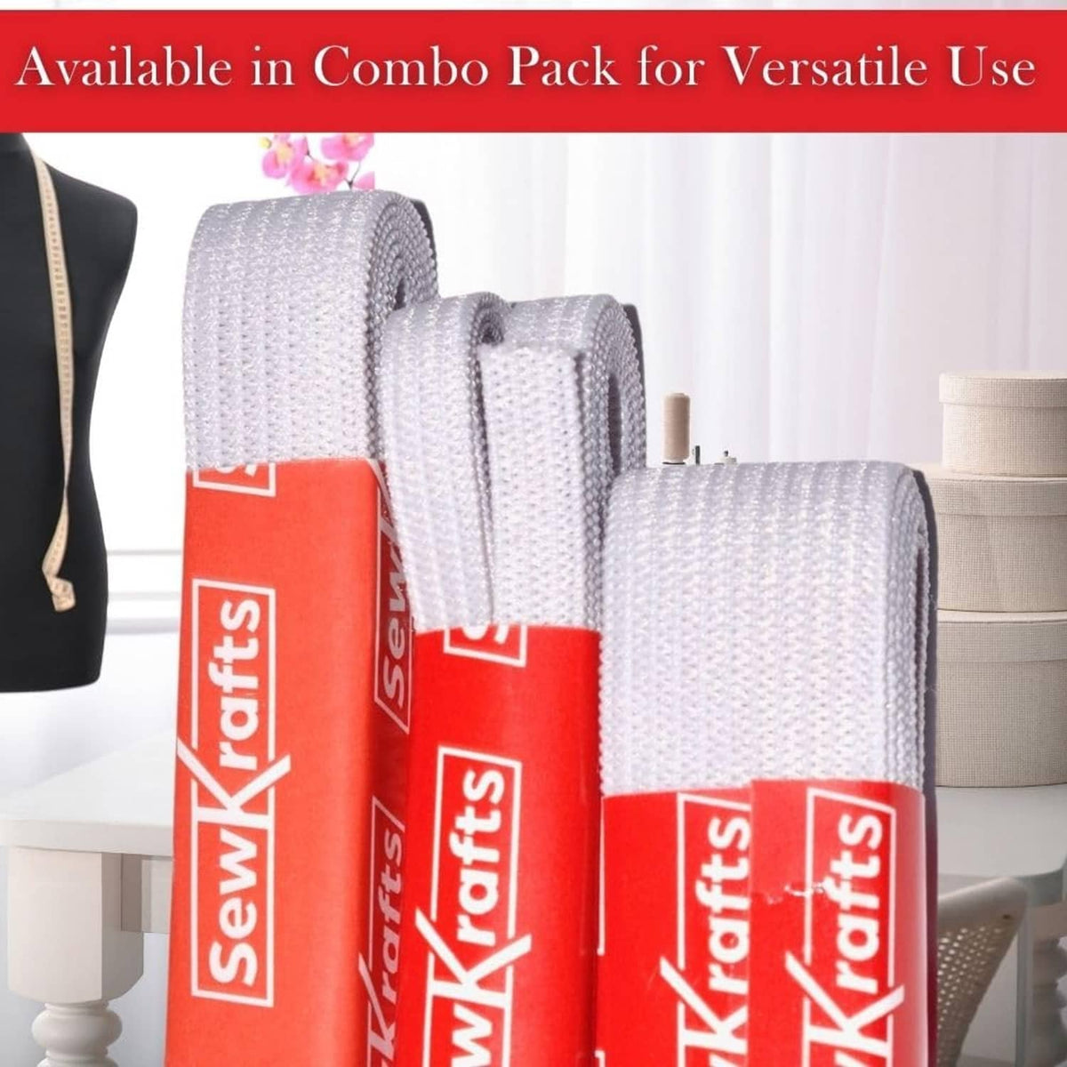 Stack of white knit elastic bands, rolled set with red SewKrafts labels