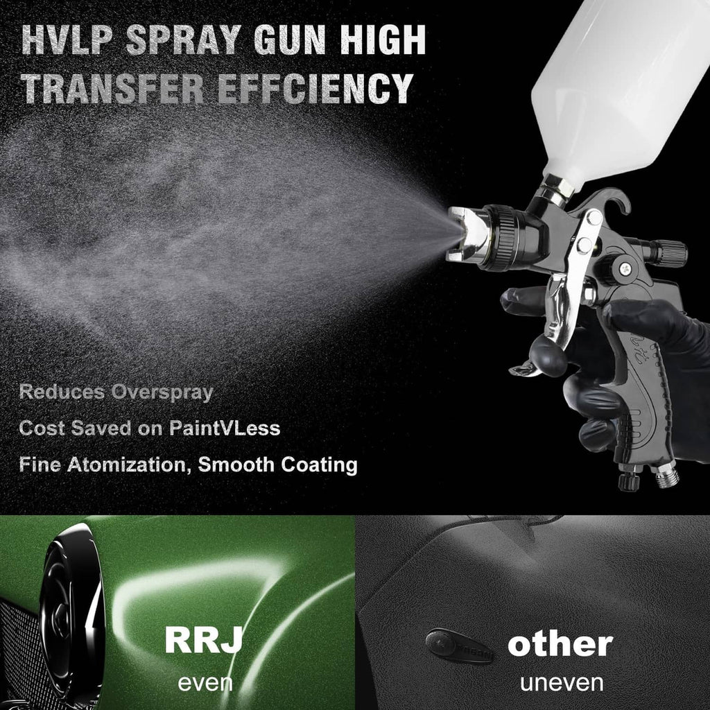HVLP spray gun delivering a smooth atomized spray fan with reduced overspray