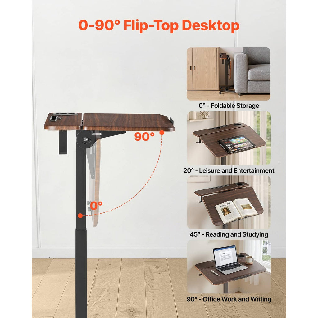 Standing desk with 0–90° flip-top desktop and dark wood surface with cup opening