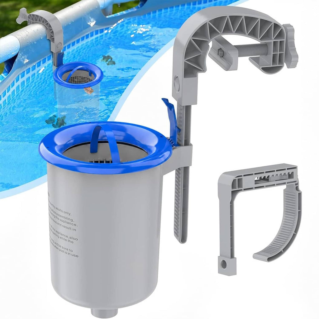 Above-ground pool skimmer with blue floating debris basket and gray mounting frame