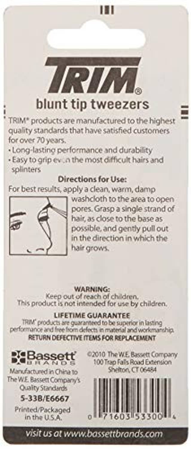 Blunt tip tweezers in retail package backer with care and instructions text.